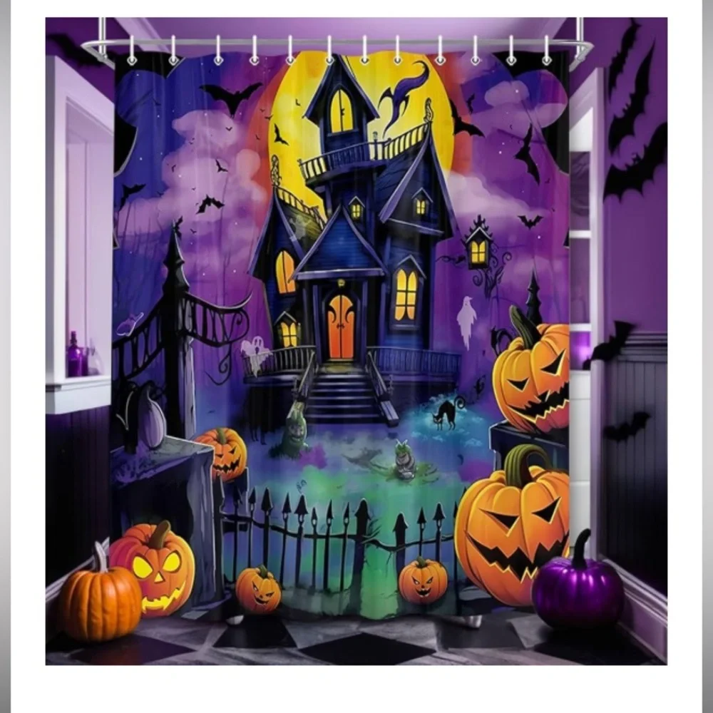 🖤🎃💜Halloween Haunted House Shower Curtain/Party Photo Backdrop/Room Divider
